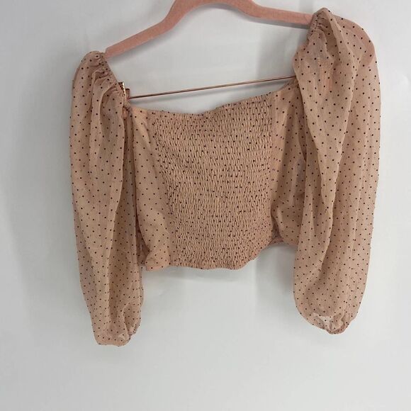 O. Vianca cream black polka dot ruched smocked cropped top womens l - Picture 4 of 5